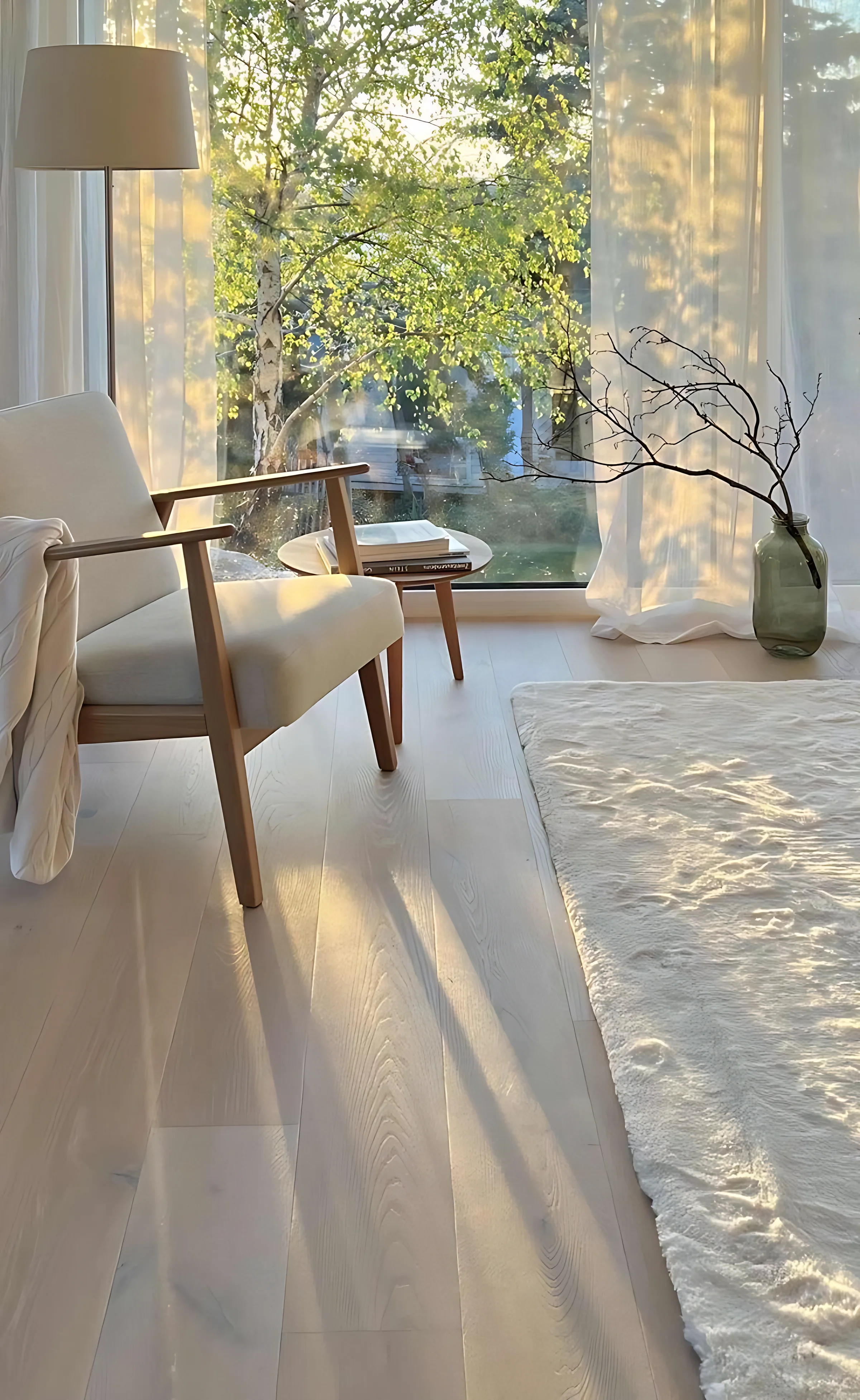 Sala com luz de fim de tarde, cadeirão em madeira e tecido claro junto à janela